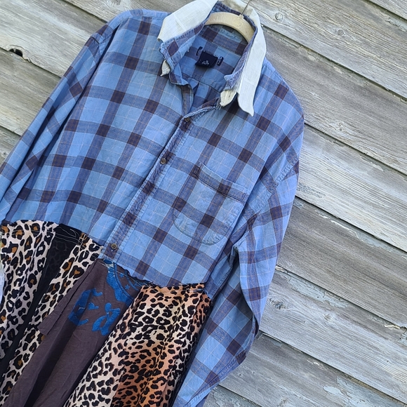 Boho Plaid Animal Print Upcycled Coat Dress - Picture 3 of 8